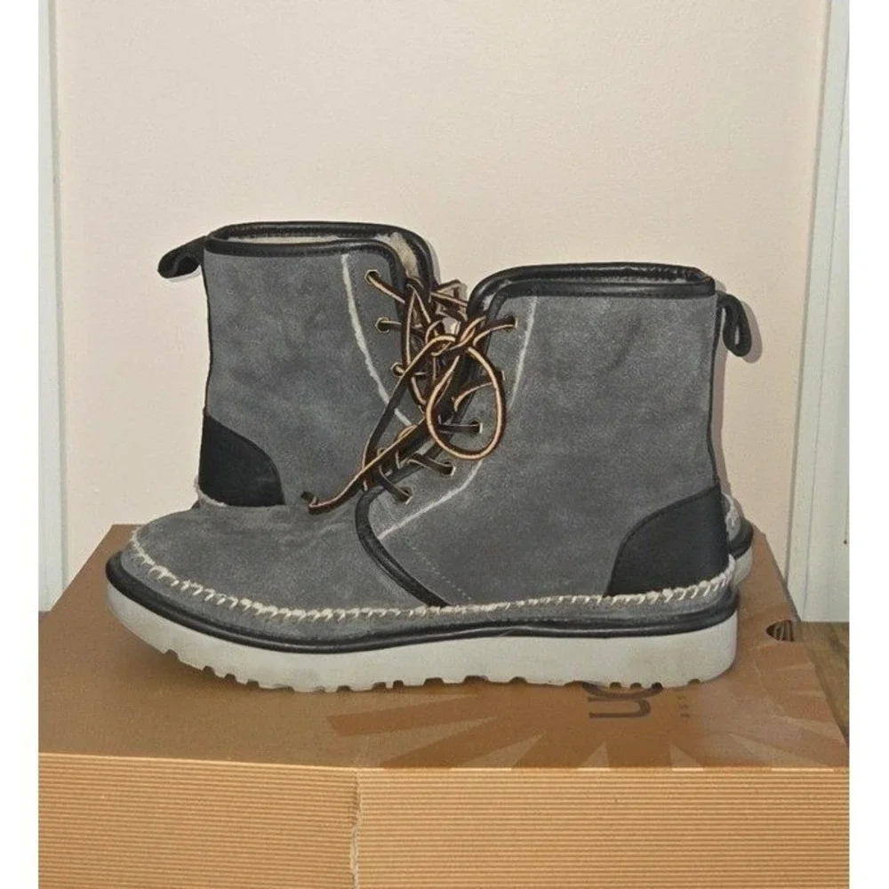 UGG Australia Mens Harkley Stitch Lace Suede Boots Charcoal Grey 1008558 Size 10